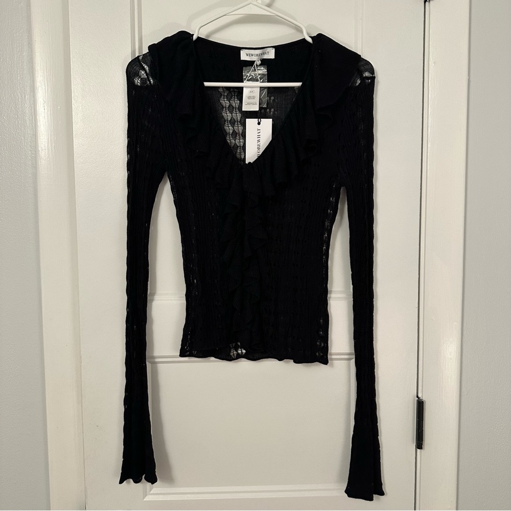 Womens WeWoreWhat Black Ruffle Soft Pointelle Sweater - Size S - NWT ✨